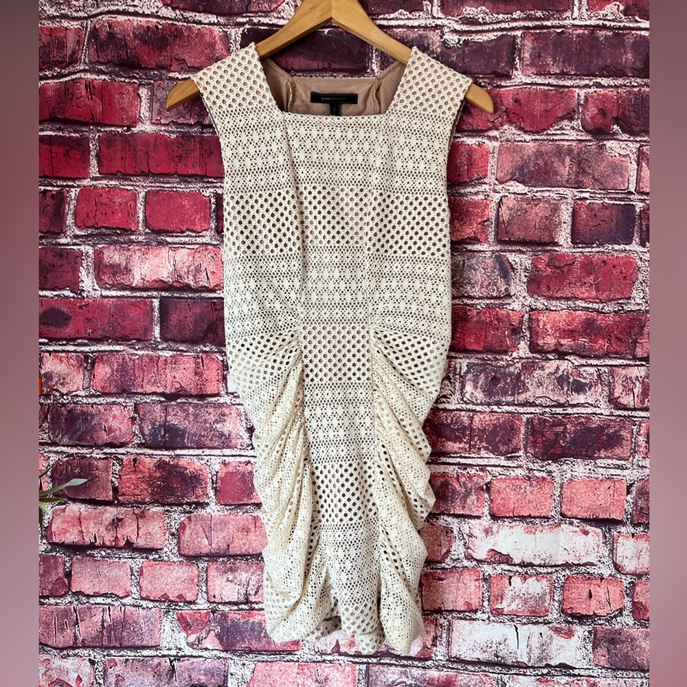 BCBGMAXAZRIA Renee Ruched Eyelet Bodycon Dress - Ivory/Beige
